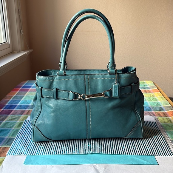 💐 COACH BLUE TEAL LEATHER HANDBAG  💐 - Picture 4 of 16